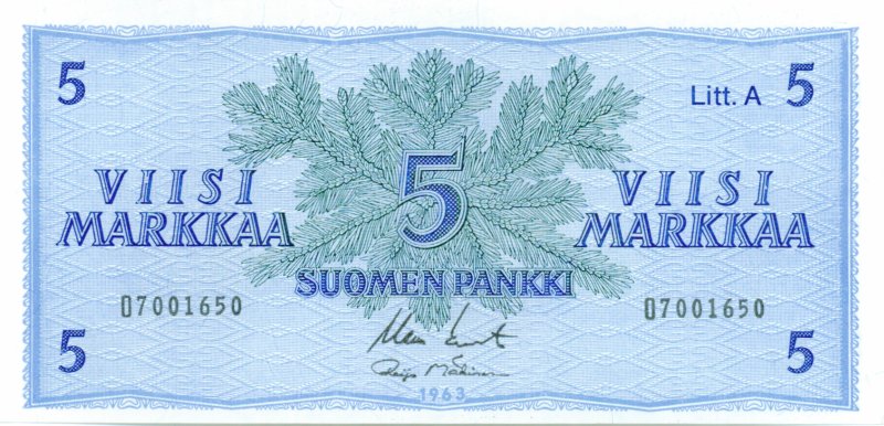 5 Markkaa 1963 Litt.A O7001650 kl.8
